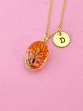 Gold Tree Necklace, Real Dried Flower, Initial Charm