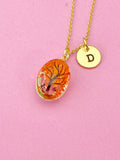 Gold Tree Necklace, Real Dried Flower, Initial Charm