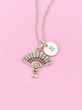 Silver Fan Charm Necklace, Initial Charm, Japanese Jewelry