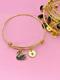Gold Swan Charm Bracelet, Black Big Bird Swan Charm, N5039