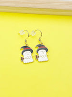 Gold Halloween Ghost Witch Hat Broom Charm Earrings, N3688