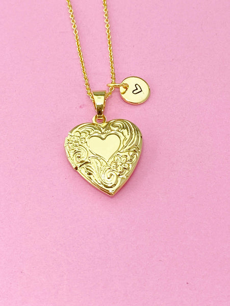 Gold Heart Locket Pendant Necklace, Love Heart, Keepsake Photo Frame, N4041