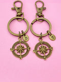 Bronze Compass Keychain Set, Personalized Initial Charms
