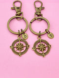 Bronze Compass Keychain Set, Personalized Initial Charms