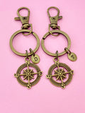 Bronze Compass Keychain Set, Personalized Initial Charms