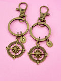 Bronze Compass Keychain Set, Personalized Initial Charms