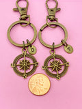 Bronze Compass Keychain Set, Personalized Initial Charms