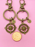 Bronze Compass Keychain Set, Personalized Initial Charms