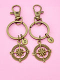Bronze Compass Keychain Set, Personalized Initial Charms