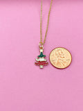Gold Christmas Tree Charm Necklace, Enamel Star Jewelry