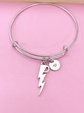 Silver Lightning Charm Bangle Bracelet, Initial Charm