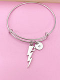 Silver Lightning Charm Bangle Bracelet, Initial Charm