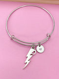 Silver Lightning Charm Bangle Bracelet, Initial Charm