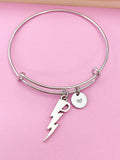 Silver Lightning Charm Bangle Bracelet, Initial Charm
