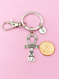 Silver Ankh Cross Keychain, Initial Charm, Egyptian Key of Life, K5769