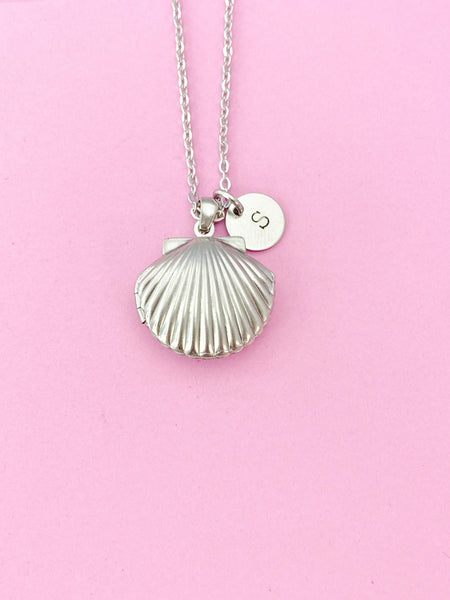 Silver Scallop Shell Locket Necklace, Mermaid Seashell, N5127