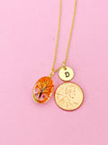 Gold Tree Necklace, Real Dried Flower, Initial Charm