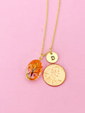 Gold Tree Necklace, Real Dried Flower, Initial Charm
