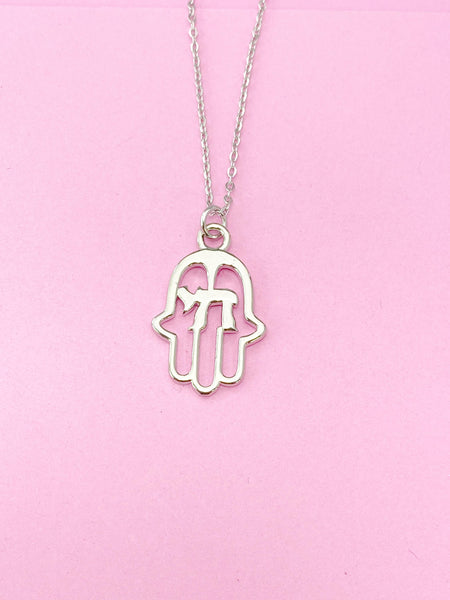 Silver Hamsa Chai Charm Necklace, Palm Hand Chai Charm, Graduation Gift, N231