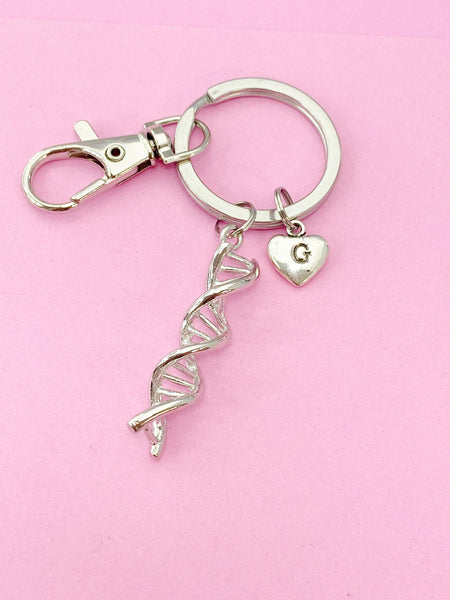 Silver DNA Charm Keychain, Gift for Scientists Biology Laboratory Researcher Chemistry Forensic Personalized, N1939