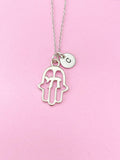 Silver Hamsa Hand Chai Personalized Customized Initial Charm Necklace, N231A