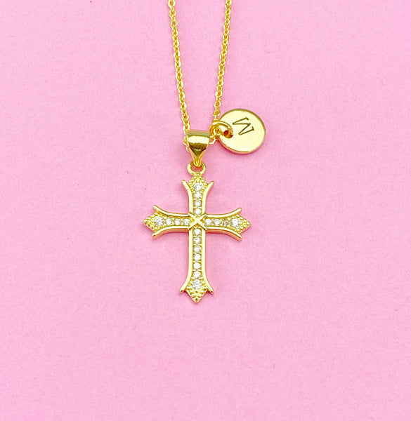 Gold Cross Charm Necklace, Cubic Zirconia, N3802