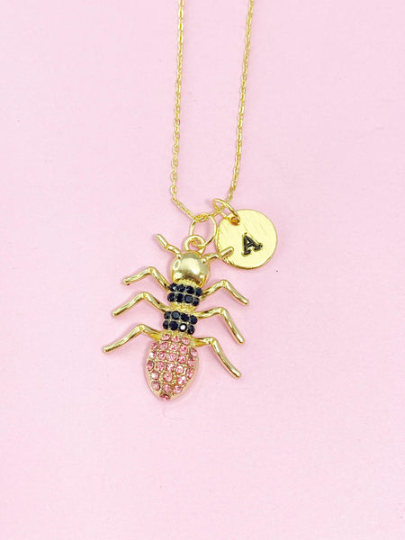 Ant Necklace, Gold Pink Black Ant Charm, Insect Charm, N3213A