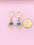 Gold Hamsa Earrings, Blue Evil Eye Charm, Protection Jewelry