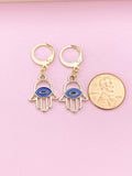 Gold Blue Evil Eye Charm Earrings, Lucky Hamsa Blue Evil Eye Charm Earrings, Protection Gift, N3142