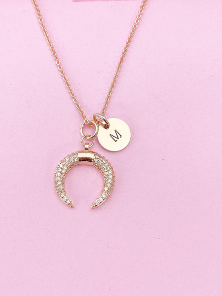 Rose Gold Half Moon Charm Necklace, Crescent Moon Necklace, Double Horn Necklace, N3098