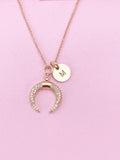 Rose Gold Cubic Zirconia Crescent Moon Necklace, Initial Charm