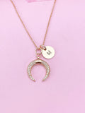 Rose Gold Cubic Zirconia Crescent Moon Necklace, Initial Charm