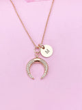 Rose Gold Half Moon Charm Necklace, Crescent Moon Necklace, Double Horn Necklace, N3098