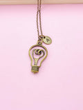 Bronze Light Bulb Initial Necklace, Science Gift