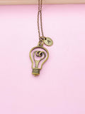 Bronze Light Bulb Initial Necklace, Science Gift