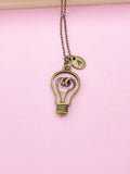 Bronze Light Bulb Initial Necklace, Science Gift