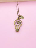 Bronze Light Bulb Initial Necklace, Science Gift
