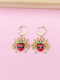 Gold Spider Charm Earrings, Cute Red Black Spider Insect Dangle or Huggie Hoop Earrings, N3245