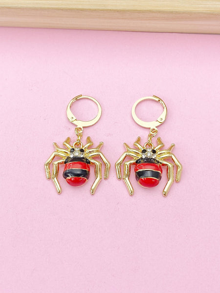 Gold Spider Charm Earrings, Cute Red Black Spider Insect Dangle or Huggie Hoop Earrings, N3245