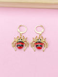 Gold Spider Dangle Earrings, Red Black Enamel Insect Hoop Earrings
