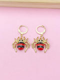 Gold Spider Dangle Earrings, Red Black Enamel Insect Hoop Earrings
