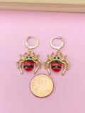 Gold Spider Charm Earrings, Cute Red Black Spider Insect Dangle or Huggie Hoop Earrings, N3245