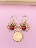 Gold Spider Dangle Earrings, Red Black Enamel Insect Hoop Earrings