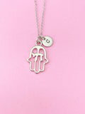 Silver Hamsa Hand Chai Personalized Customized Initial Charm Necklace, N231A