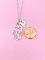 Silver Hamsa Hand Chai Personalized Customized Initial Charm Necklace, N231A