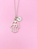 Silver Hamsa Hand Chai Personalized Customized Initial Charm Necklace, N231A