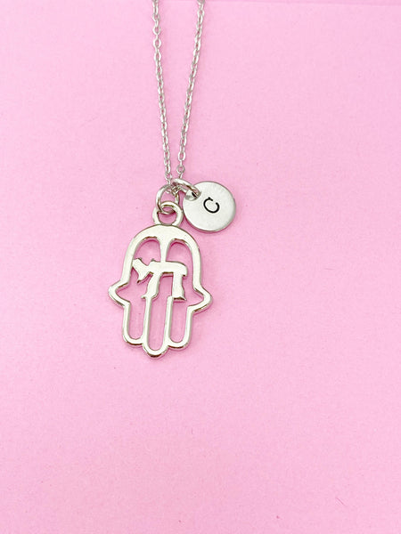 Silver Hamsa Hand Chai Personalized Customized Initial Charm Necklace, N231A
