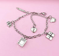 I Love To Read Teacher Bracelet, I Love To Read Charm, Apple Charm, Textbook Charm, Open Book Charm, Pencil Charm, CR Teacher Gift, N1494