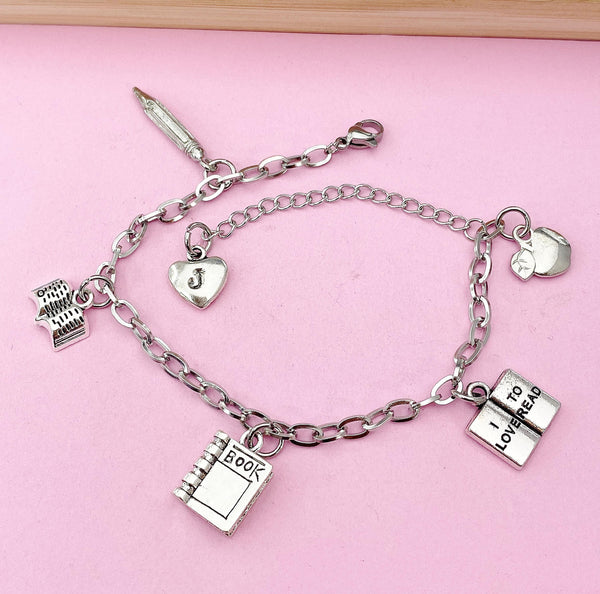 I Love To Read Teacher Bracelet, I Love To Read Charm, Apple Charm, Textbook Charm, Open Book Charm, Pencil Charm, CR Teacher Gift, N1494