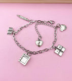 Teacher Charm Bracelet, Stainless Steel, Initial, Apple, Book